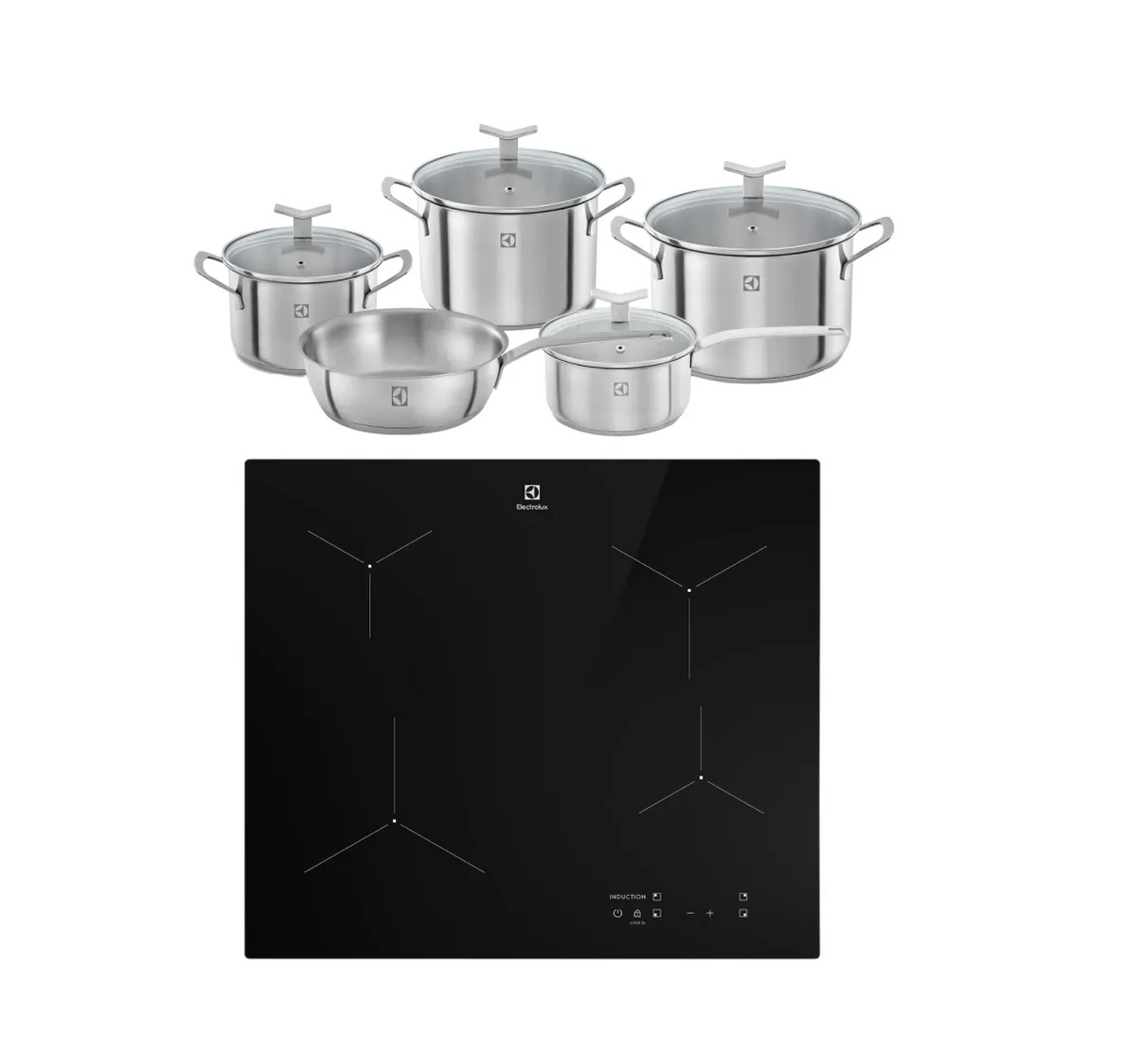 Kit Encimera a Inducción 4 Platos con PowerBoost (IE6LP) Electrolux + Juego de Ollas Acero Inox